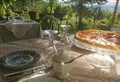 a table with a pie on top of a table at 