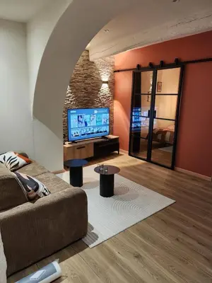 a living room with a couch and a flat screen tv at Escapade sur la Sorgue in LʼIsle-sur-la-Sorgue