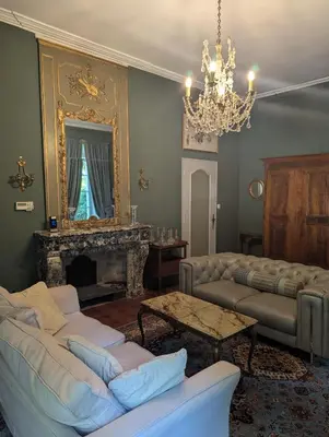 a living room with two couches and a chandelier at Chateau du Jonquier in Mazan