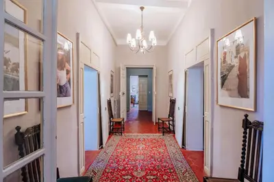 a hallway with a red rug on the floor at Chateau du Jonquier in Mazan