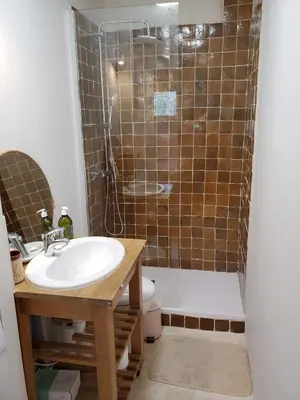 a bathroom with a sink and a shower and a toilet at Charming Famillial House with pedestrian access to Village in Venelles