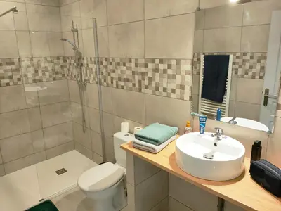 a bathroom with a sink and a toilet and a shower at Joli appartement Urbain in Cavaillon