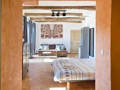 a bedroom with a bed and a couch in a room at Apartment Roussillon village Ocre Air conditioning in Roussillon