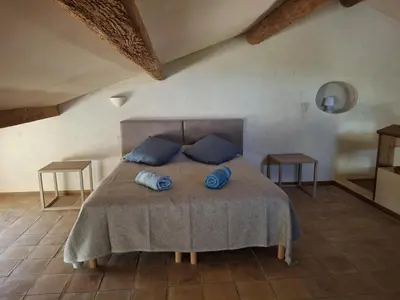 a bedroom with a bed with blue pillows on it at La Maison perchée - Mas de Rousseau in Eyragues