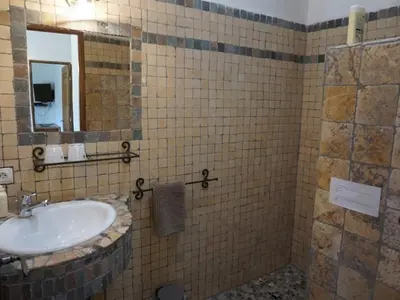 a bathroom with a sink and a mirror at La Buisse in Simiane-la-Rotonde