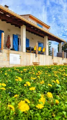 a house with yellow chairs and a field of flowers at L'Isle en coeur air-conditioned house with garden and swimming pool in LʼIsle-sur-la-Sorgue