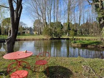 a table and two chairs in front of a pond at Maison au bord de l'eau in Le Thor