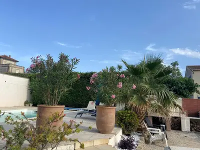 a patio with potted plants and a swimming pool at Maison méditerranéenne 130m piscine Vaucluse in Carpentras