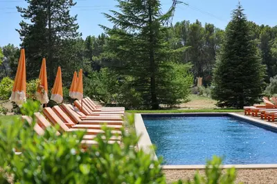 a swimming pool with chairs and umbrellas in a yard at Domaine Robert in Rognes