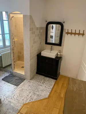 a bathroom with a sink and a shower with a mirror at restaurant Dame L'Oie in Pernes-les-Fontaines