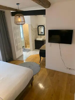 a bedroom with a bed and a television and a bathroom at restaurant Dame L'Oie in Pernes-les-Fontaines