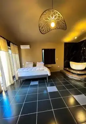a bedroom with a bed and a tub in a room at Chambre de charme indépendante Alba avec baignoire îlot - Domaine Astra, Grans in Grans