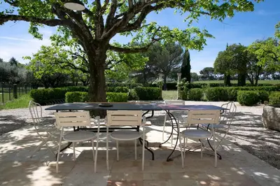 a table and chairs in a park with a tree at Le mas provençal d'Aurélie in Carpentras