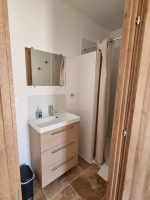 a bathroom with a sink and a shower at L'Orée du Ventoux - Crillon-le-Brave in Crillon-le-Brave