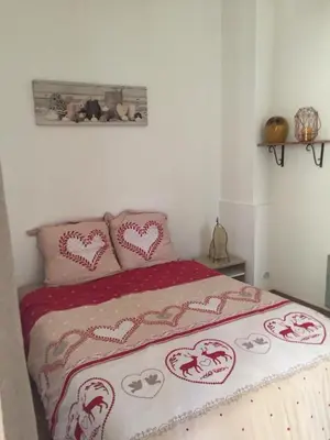 a bedroom with a bed with hearts on it at Appartement T2 Centre in Carpentras