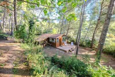 a small cabin in the woods with a picnic table at L'intimiste in Aix-en-Provence
