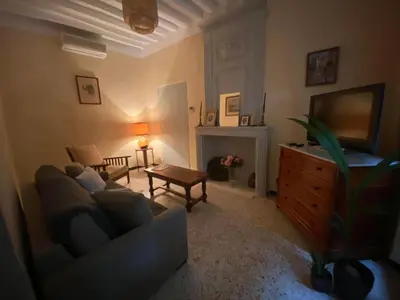 a living room with a couch and a tv at Le Rocan Roux in Aubignan