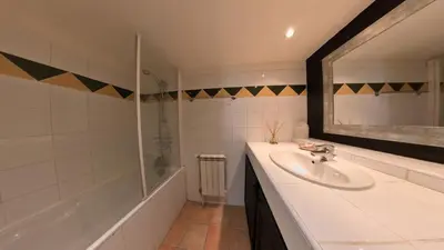 a bathroom with a sink and a tub and a mirror at Loft in hôtel particulier, city-center, air conditioned in Aix-en-Provence