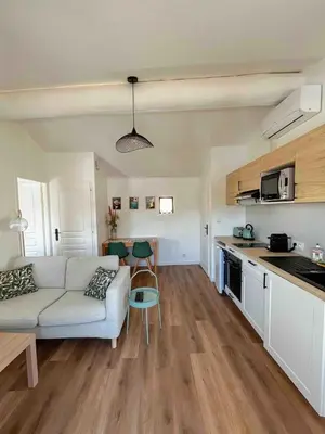 a living room with a couch and a kitchen at Charmant appartement indépendant in Cavaillon