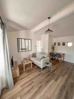 a living room with a couch and a table at Charmant appartement indépendant in Cavaillon