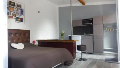 a bedroom with a large bed and a kitchen at La Chambrette in Salon-de-Provence