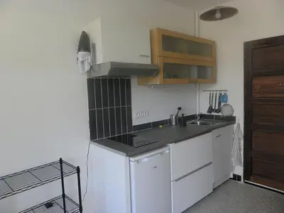 a small kitchen with a sink and a stove at GitesLuberon 1 studio in Charleval