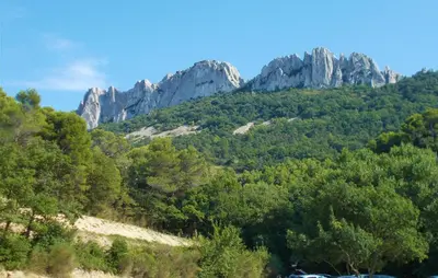 a mountain with trees and rocks in the background at Frutiere 1 in Caromb