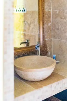 a sink in a bathroom with a large mirror at Mas des Agranas in Sénas