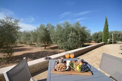 a table with a plate of fruit on it on a patio at Le domaine de Villemus chambre d'hote in Jouques