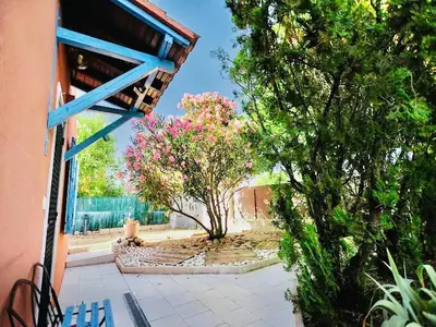 a view of a yard with a tree with pink flowers at Villa provençale avec piscine privée et jardin ensoleillé in Mollégès