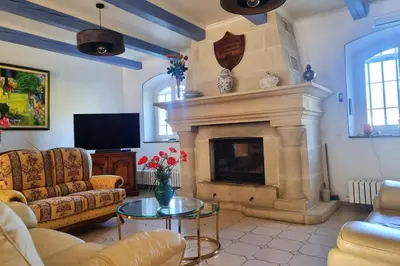 a living room with a fireplace and a tv at Mas Provençal with Swimming Pool & Air Conditioning in Rustrel