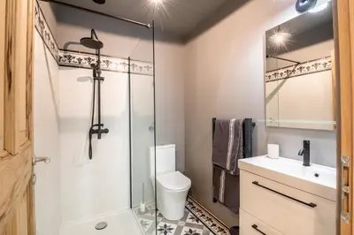 a bathroom with a shower and a toilet and a sink at Mas des Gémeaux in Ménerbes