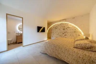 a bedroom with a large bed and a mirror at Exceptionnel - Couvent entièrement rénové - classé Patrimoine - Piscine, au calme et à 100 m du coeur de l'Isle in LʼIsle-sur-la-Sorgue