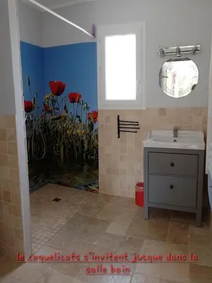 a bathroom with a sink and a window and red flowers at Lou mazet in La Roque-sur-Pernes
