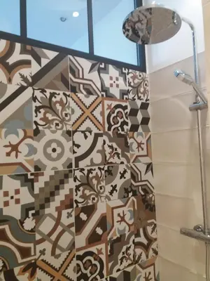 a bathroom with a shower with a tile wall at Gorgeous! heart of Aix en Provence appartement climatisé in Aix-en-Provence