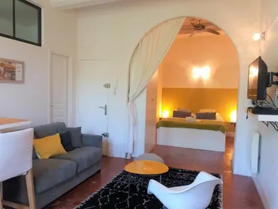 a living room with a couch and a bed at Gorgeous! heart of Aix en Provence appartement climatisé in Aix-en-Provence