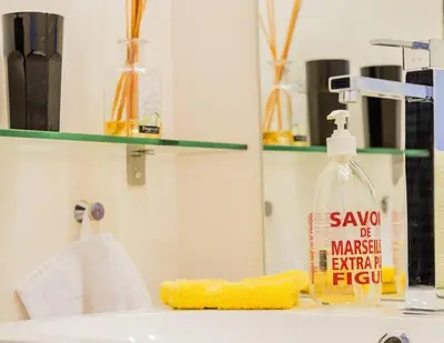 a bathroom sink with a bottle of soap and a banana at Gorgeous! heart of Aix en Provence appartement climatisé in Aix-en-Provence