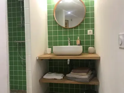 a green tiled bathroom with a sink and a mirror at Bright Villa In The Heart Of Luberon in Céreste