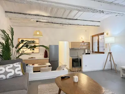 a living room with a couch and a table at Chic et Cosy, Hyper centre in Aix-en-Provence