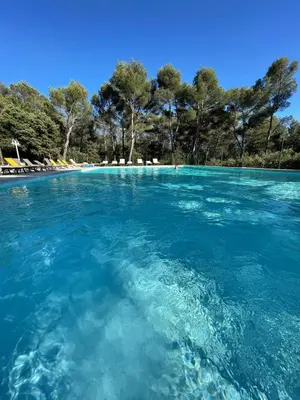a pool of blue water with trees in the background at Lubéron Gîte Chaleureux 100 m2 piscine jardin in Saumane-de-Vaucluse