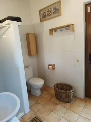 a bathroom with a toilet and a sink at Air-conditioned Stylish Provence Villa in Oppède