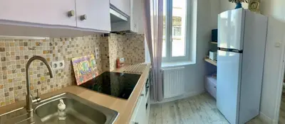 a kitchen with a sink and a refrigerator at Appartement cosy lumineux et calme in Apt