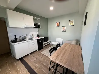 a kitchen and dining room with a table in a room at Cocon T2 dans le centre d'Aix in Aix-en-Provence