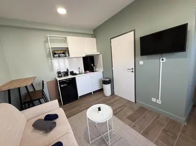 a living room with a couch and a table and a kitchen at Studio raffiné - Aix hypercentre in Aix-en-Provence