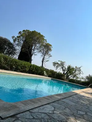 a blue swimming pool with trees in the background at Mas des Collines in Saint-Hippolyte-le-Graveyron