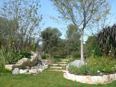 a garden with a stone path and a tree at MAS DES CIGALES Lambesc in Lambesc