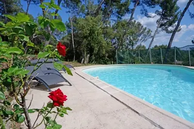 a swimming pool with a red flower next to it at Villa Martine, authentic family home in Rognes