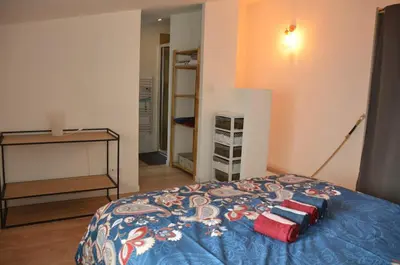 a bedroom with a bed with a blue comforter at Maison en coeur de ville in LʼIsle-sur-la-Sorgue