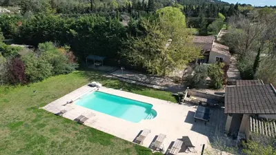 an overhead view of a swimming pool in a backyard at Pavillondulantana in Les Taillades