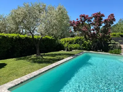 a swimming pool in a yard with trees at Le petit bastidon gîte à Oppède avec piscine in Oppède